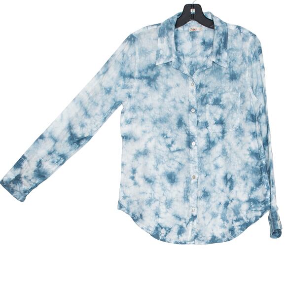 Faherty Top Linen Tie Dye Coastal Boho Beachy Casual Button Up Blue White Medium - Picture 6 of 7